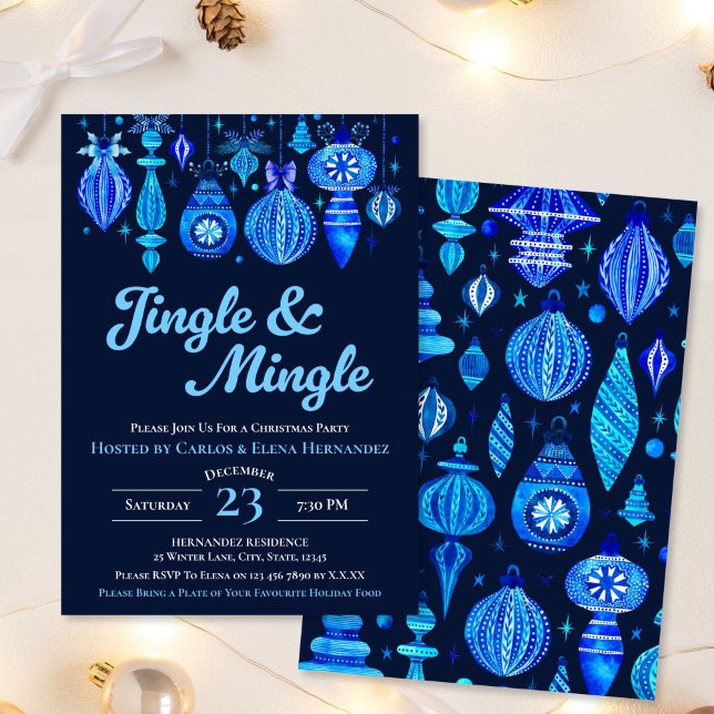 Invitación Navidades de la Marina de Jingle y Mingle Baubles  (Jingle & Mingle Navy Christmas Baubles Watercolor Invitation)
