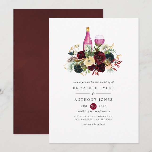 Invitación Navidades de la Marina y Borgoña Boda Floral (Anverso / Reverso)