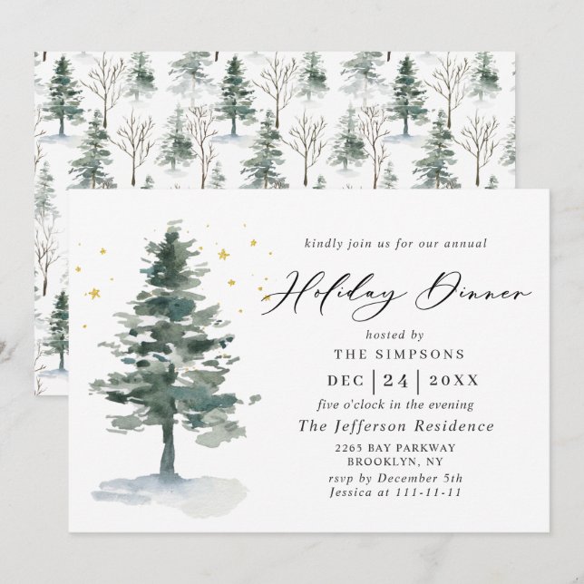 Invitación Navidades de la Moda acuarela Pine Tree Cena navid (Anverso / Reverso)