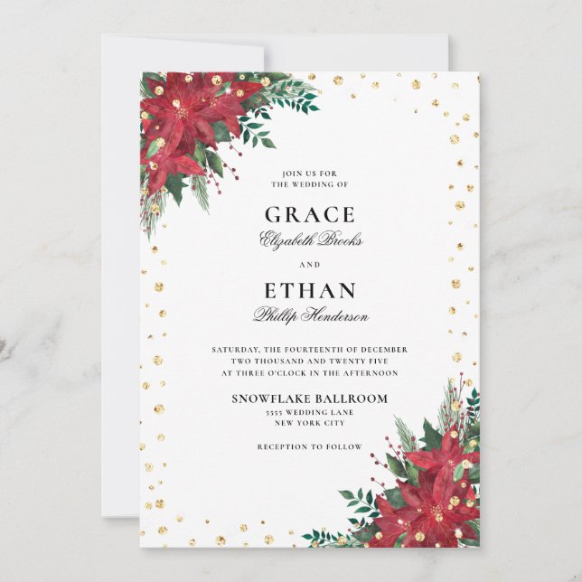 Invitación Navidades de la Purpurina de oro Poinsettia Floral (Anverso)
