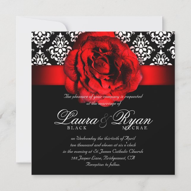 Invitación Navidades de la Rosa Roja de Damask elegante (Anverso)