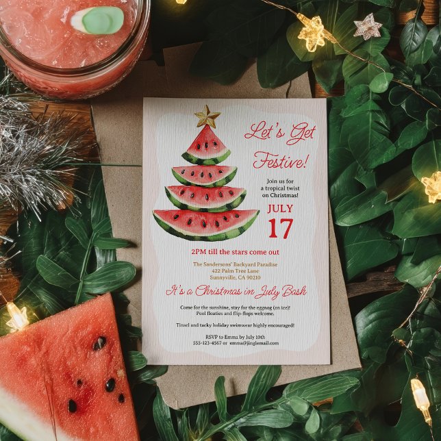 Invitación Navidades de la sandía tropical del verano en Fies (Summer Tropical Watermelon Christmas in July Party Invitation)