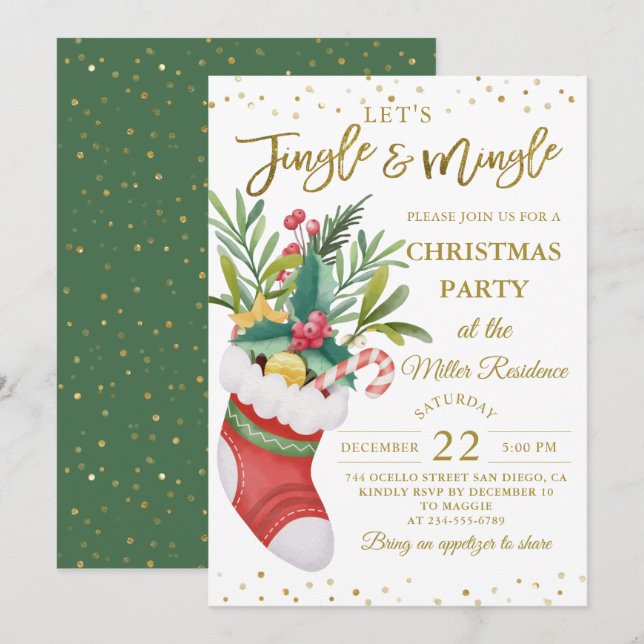 Invitación Navidades de la vegetación Bouquet Sock Jingle y M (Anverso / Reverso)