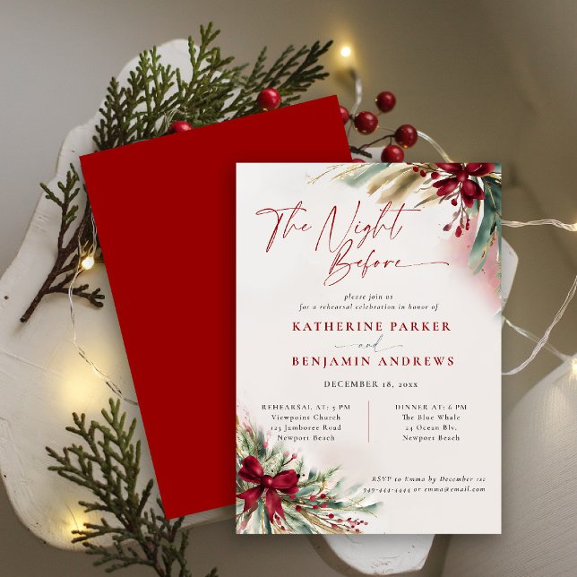 Invitación Navidades de la vegetación de invierno ensayan Bod (winter christmas wedding rehearsal dinner invitation greenery botanical berries red green watercolor)