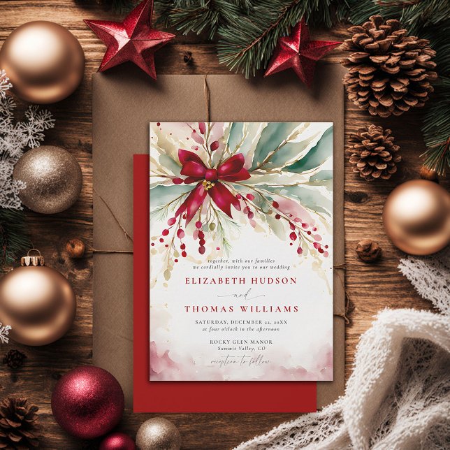 Invitación Navidades de la vegetación de invierno Red Bow Rús (christmas wedding invitation country cottage cozy chic red bow watercolor elegant bohemian)
