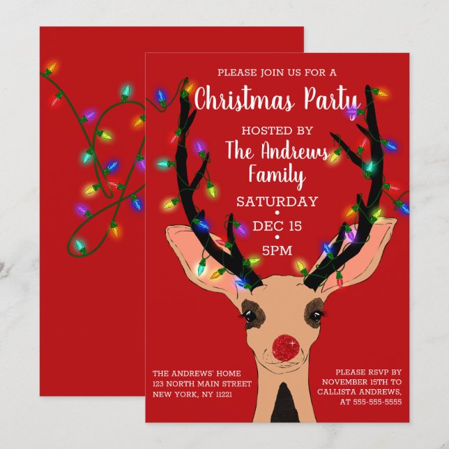 Invitación Navidades de las luces brillantes de reno de nariz (Anverso / Reverso)