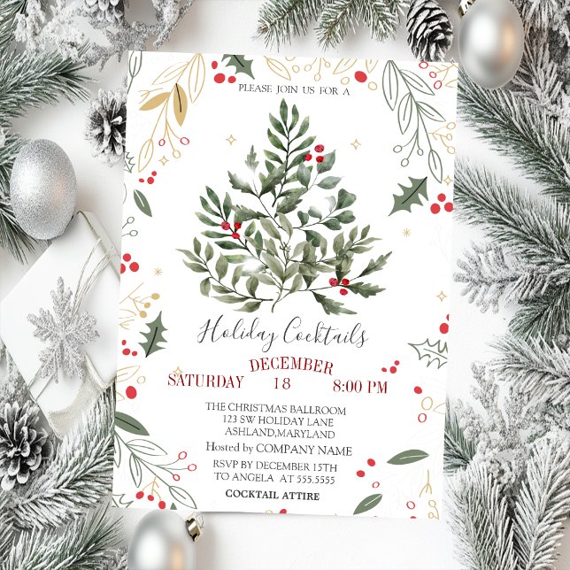 Invitación Navidades de las ramas de Cocktail Holly Pine Tree (Subido por el creador)