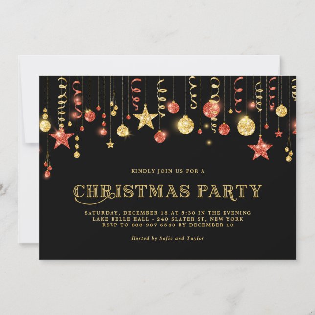 Invitación Navidades  de los Ornamentos de Faux Gold y Red Pu (Anverso)