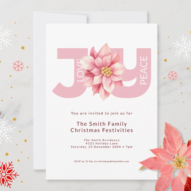 Invitación Navidades de Love Peace Joy Pink Poinsettia (Subido por el creador)