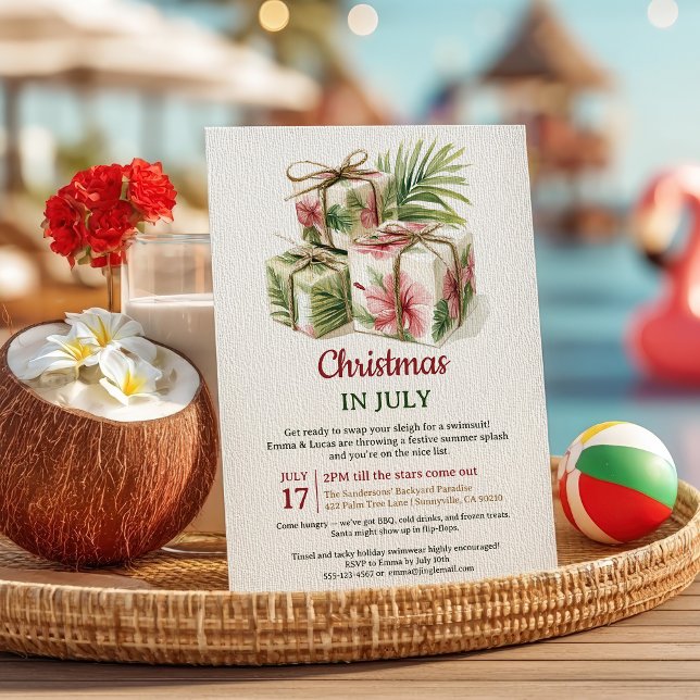 Invitación Navidades de Luau en julio de regalos de palmeras  (Tropical Palm Gifts Luau Christmas in July Party Invitation)