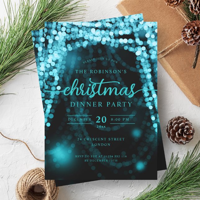 Invitación Navidades de Lujo Turquesa de Invierno (Luxurious Turquoise Winter Lights Christmas Invitation)