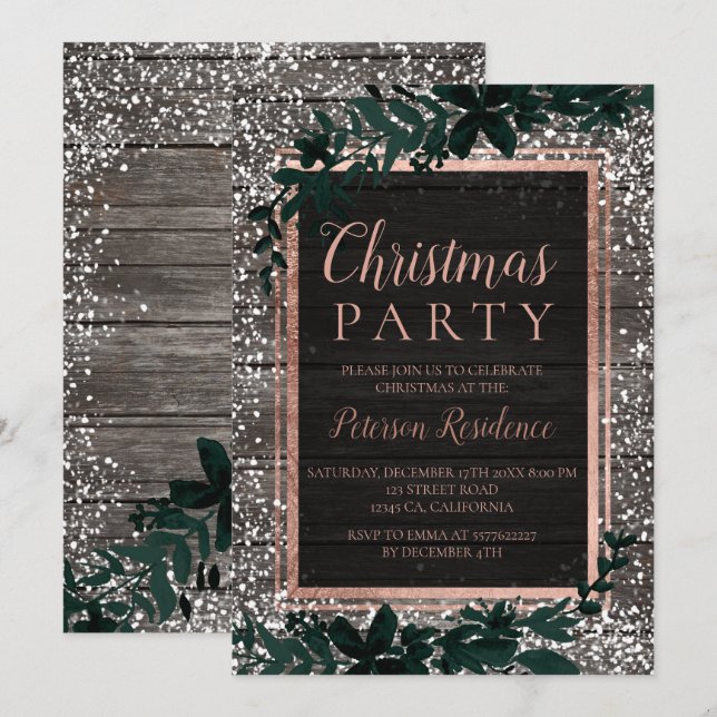 Invitación Navidades de madera de hojas de nieve de tipografí (Anverso / Reverso)