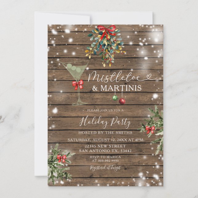 Invitación Navidades de madera Mistletoe & Martini Bridal Sho (Anverso)