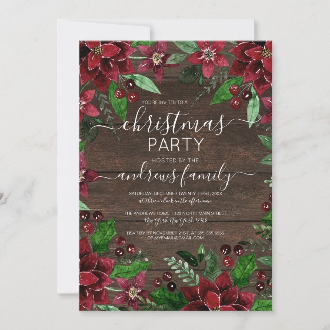 Invitación Navidades de Madera Rustic Floral Holly Ivy Waterc (Anverso)