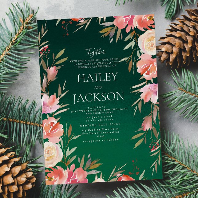 Invitación Navidades de marfil verde forestal Boda de flores (Forest green pink ivory Christmas floral Wedding )