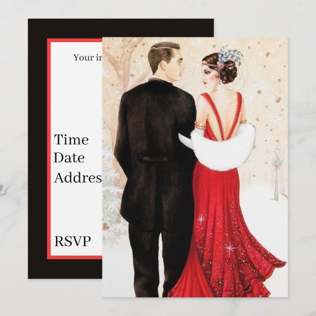 Invitación Navidades de mensajes de pareja retro Art Deco (Anverso / Reverso)