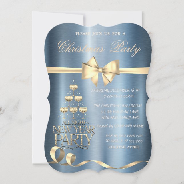 Invitación Navidades de metal azul de vidrio de Champagne Bow (Anverso)