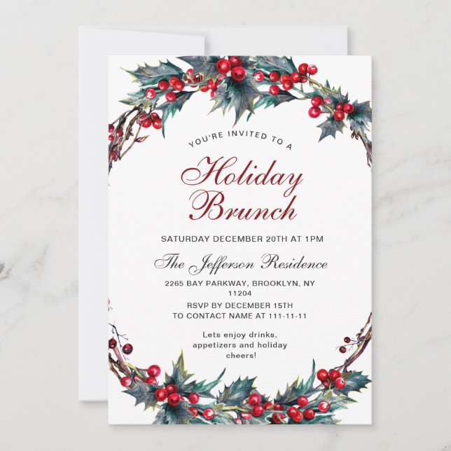 Invitación Navidades de Mistletoe Holly Wreath Holiday Brunch (Anverso)