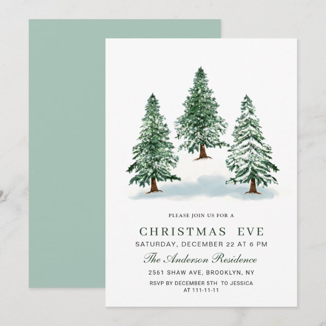 Invitación Navidades de Moda de Pino acuarela de vacaciones (Anverso / Reverso)