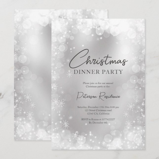 Invitación Navidades de moda elegantes de nieve blanca y plat (Anverso / Reverso)