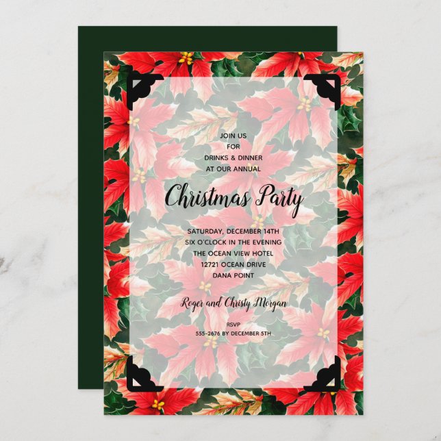 Invitación Navidades de moda Poinsettia y Faux Vellum (Anverso / Reverso)