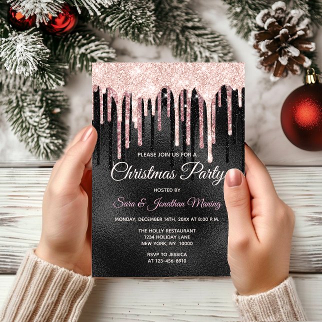 Invitación Navidades de monograma de goteo negro de rosa de m (Subido por el creador)