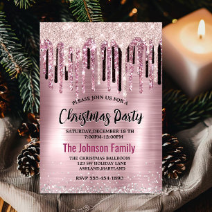 Invitación Navidades de monograma de goteo rosa de color rosa