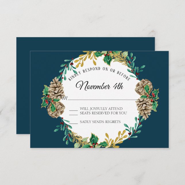 Invitación Navidades de Navy Gold RSVP Red Holly Leaf Wreath (Anverso / Reverso)