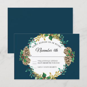 Invitación Navidades de Navy Gold RSVP Red Holly Leaf Wreath