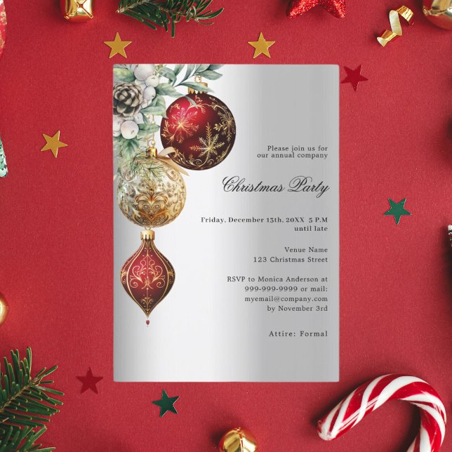 Invitación Navidades de negocios de baubles de oro rojo plate (Subido por el creador)