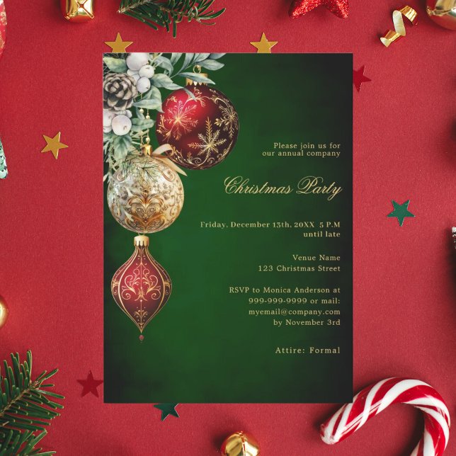 Invitación Navidades de negocios de oro rojo verde baubles Fi (Subido por el creador)