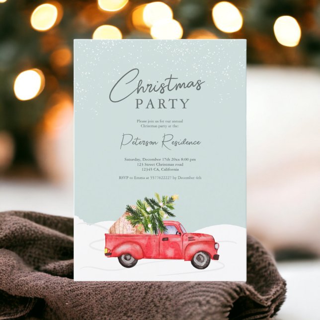 Invitación Navidades de nieve azul de camión rojo de época (Vintage red truck ice blue snow Christmas Invitation)