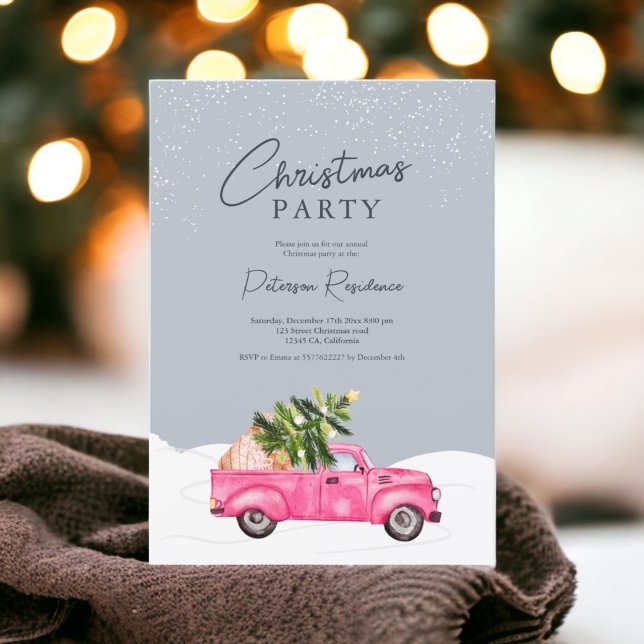 Invitación Navidades de nieve azul de camión rosa de época (Vintage pink truck blue snow Christmas Invitation)