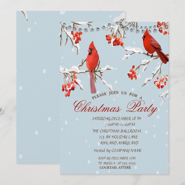 Invitación Navidades De Nieve De Árbol De Cardenales Rojos Cu (Anverso / Reverso)