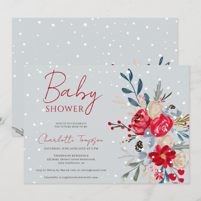 Invitación Navidades de nieve de invierno flores guión de duc (Anverso / Reverso)