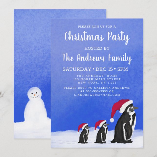 Invitación Navidades de nieve de la familia Cute Blue Red Pen (Anverso / Reverso)