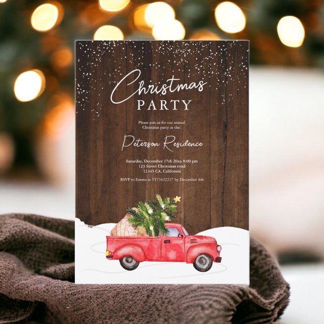 Invitación Navidades de nieve de madera rústica de camión roj (Vintage red truck rustic wood snow Christmas Invitation)