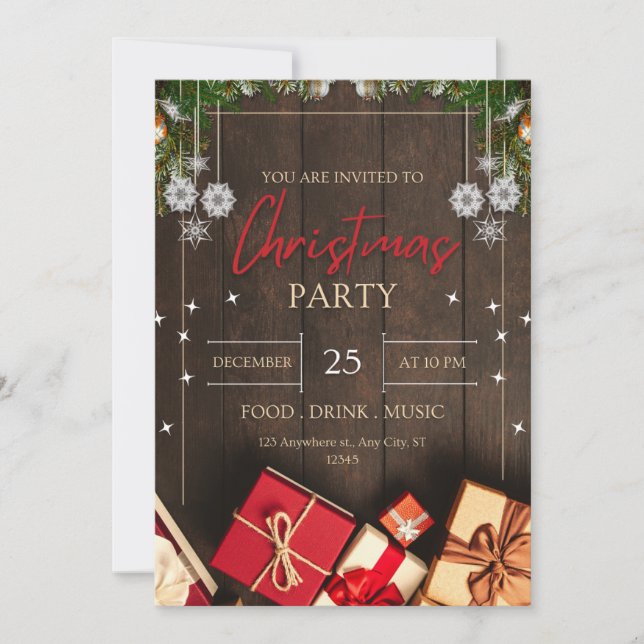 Invitación Navidades de nieve de madera rústica de época (Anverso)