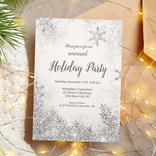 Invitación Navidades de nieve purpurina plateado blanco corpo (Silver glitter snow Christmas corporate white Invitation)
