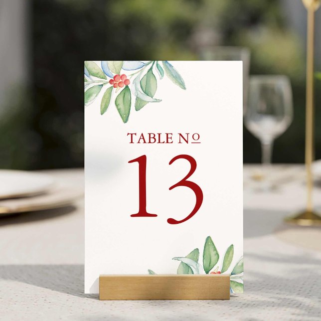 Invitación Navidades de números de tabla imprimibles verde (Winter wedding table number features unique Christmas greenery watercolor by Victoria Grigaliunas)