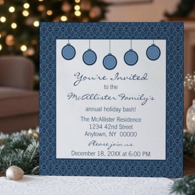 Invitación Navidades de ornamentos Damask clásicos sencillame (Blue Simply Classic Damask Ornaments Christmas Party Invitation)