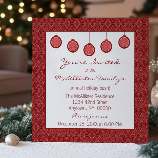 Invitación Navidades de ornamentos Damask clásicos sencillame (Red Simply Classic Damask Ornaments Christmas Party Invitation)