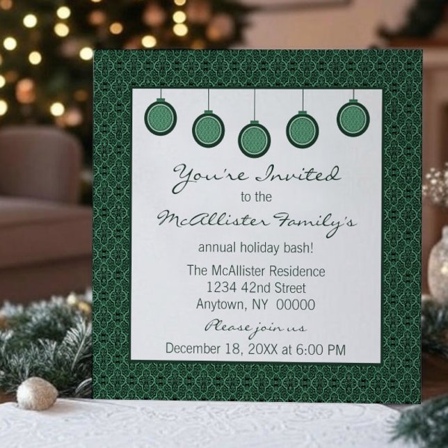 Invitación Navidades de ornamentos Damask clásicos simplement (Green Simply Classic Damask Ornaments Christmas Party Invitation)