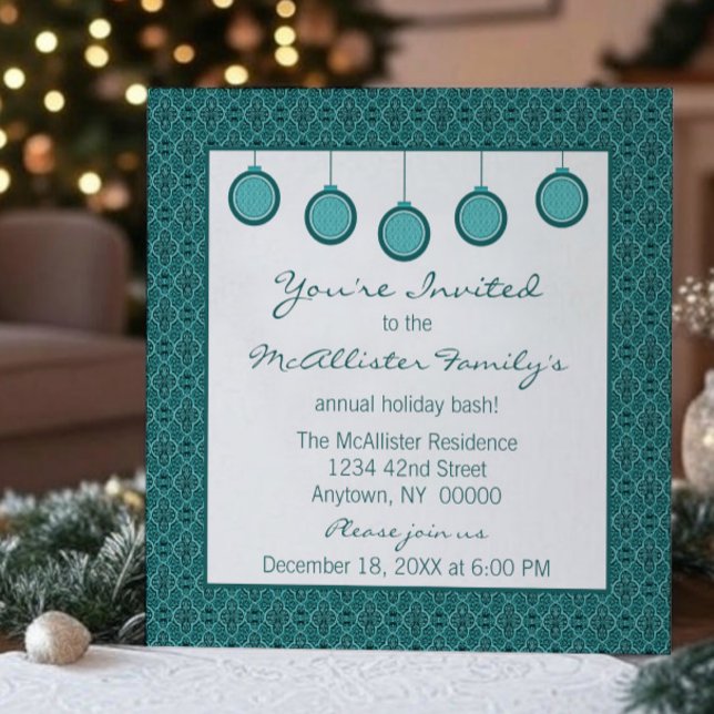 Invitación Navidades de ornamentos Damask clásicos Verde azul (Teal Simply Classic Damask Ornaments Christmas Party Invitation)