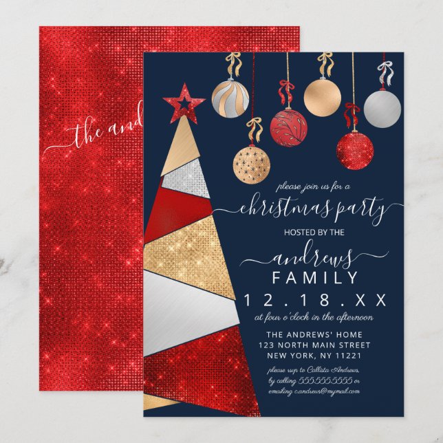 Invitación Navidades de ornamentos de árboles de Purpurina ro (Anverso / Reverso)