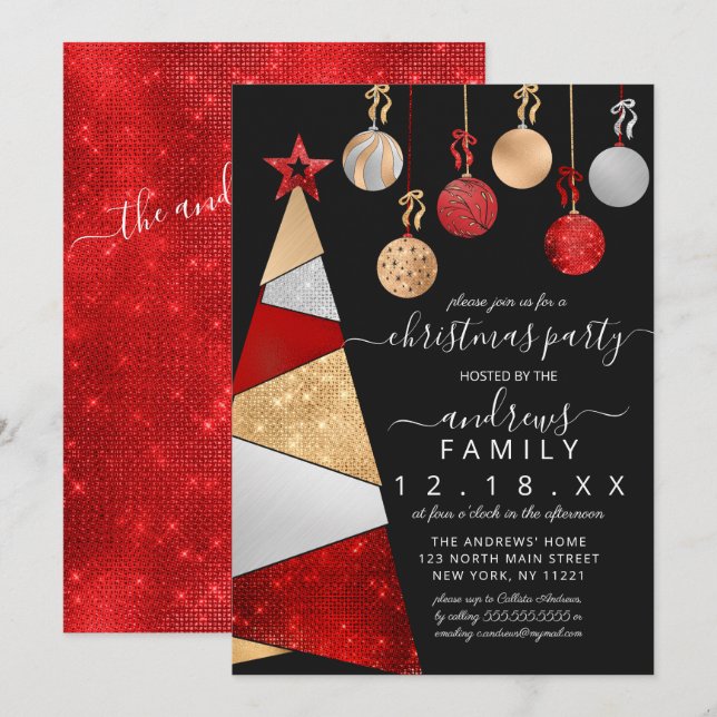 Invitación Navidades de ornamentos de árboles de Purpurina ro (Anverso / Reverso)