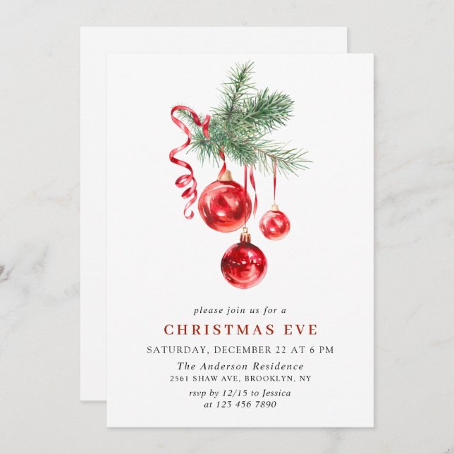 Invitación Navidades de ornamentos de color acuático víspera  (Anverso / Reverso)