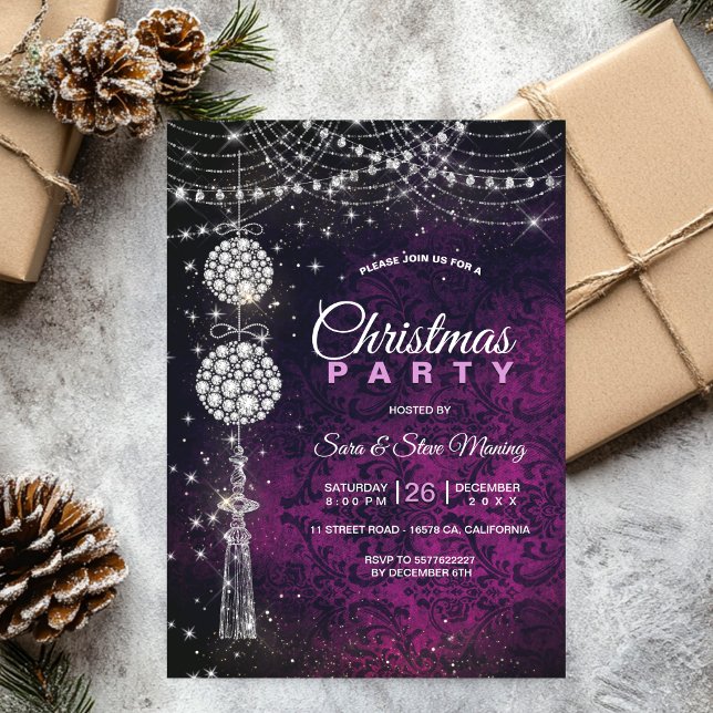 Invitación Navidades de ornamentos de magenta púrpura elegant (Subido por el creador)