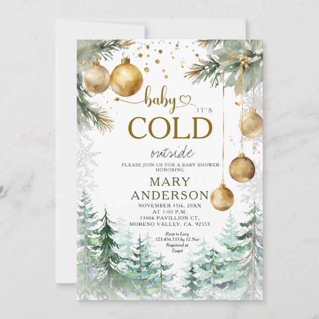 Invitación Navidades de Ornamentos de Pine Forest Gold Baby S (Anverso)