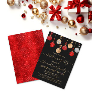 Invitación Navidades de ornamentos de Purpurinas dorados rojo